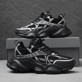 Men'S Fashion Black Platform Sneakers - Breathable Mesh and Durable EVA Sole with Cushioned Insole, Shock-Absorbing Running Shoes for All-Season Casual and Sports Wear, Men'S Low-Top Lace-Up Outdoor Dad Shoes in Black, Outdoor Walking, Active Lifestyle, Sporty Look, Stylish Footwear, Lightweight Construction, Comfortable Fit, Versatile Footwear, Fitness Enthusiasts, Active Men