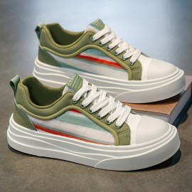 Men'S Breathable Mesh Sneakers - Lightweight Low-Top Casual Shoes with Non-Slip Rubber Sole, White & Green Accents, Lace-Up Design for All-Season Comfort, Perfect for Streetwear & Casual Attire, Allseason Footwear, Modern Sneakers, Fabric Upper Shoes, Men'S Sneaker, Urban Men'S Sneaker, Light Men'S White Sneakers With Stripe, Fashionable Sneakers For Men, Sneaker Brown With Green Stripe, Light Green Running Sneakers, Men Shoe