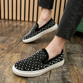 Trendy Men'S Faux Slip-On Sneakers with Sparkling Rhinestones - Stylish Black and White, Low Top, Casual Footwear for Nightlife and Casual Attire, Casual Footwear | Trendy Casual Shoes | Slipon Sneakers