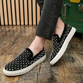 Trendy Men'S Faux Slip-On Sneakers with Sparkling Rhinestones - Stylish Black and White, Low Top, Casual Footwear for Nightlife and Casual Attire, Casual Footwear | Trendy Casual Shoes | Slipon Sneakers