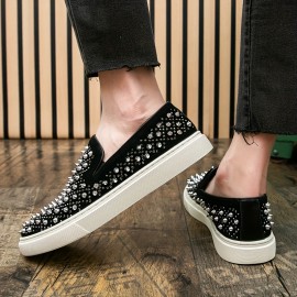 Trendy Men'S Faux Slip-On Sneakers with Sparkling Rhinestones - Stylish Black and White, Low Top, Casual Footwear for Nightlife and Casual Attire, Casual Footwear | Trendy Casual Shoes | Slipon Sneakers