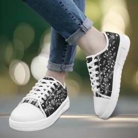 Customizable Black & White Musical Note Canvas Sneakers – Lightweight, Breathable Walking Shoes with Personalized Name Option – Perfect Gift for Music Teachers, Graduates, and Music Lovers, Teacher Appreciation Gift | Artistic Footwear | EVA Cushioned Sole, Fashion Sneakers