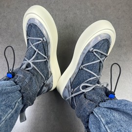 Men'S Trendy Mid-Top Canvas Sneakers with Pockets - Elastic Lace-Up, Thick Rubber Sole, All-Season Casual Shoes in Blue Jean Style, Comfortable Fashion Sneakers|Trendy Casual Shoes|Rubber Sole Sneakers