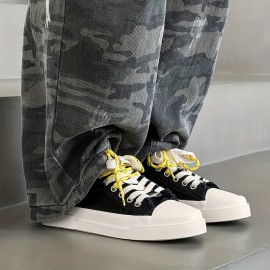 Men's Low-Top Canvas Skate Shoes - Black & White with Yellow Laces, Breathable Fabric Lining & Durable Rubber Sole, Lace-Up Round Toe Casual Sneakers for Streetwear, Sports, Daily Wear - All-Season Comfort