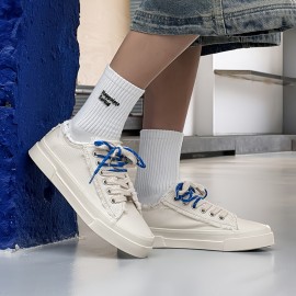 Men's Low-Top Canvas Skate Shoes - Black & White with Yellow Laces, Breathable Fabric Lining & Durable Rubber Sole, Lace-Up Round Toe Casual Sneakers for Streetwear, Sports, Daily Wear - All-Season Comfort