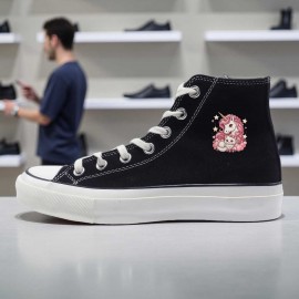 1pc High-Top Canvas Sneakers - Black with White Laces, Floral Pattern, Casual & Sporty Style, All-Season Wear, Lace-Up Closure, Rubber Sole, EVA Insole, Perfect for Hiking, Running & Everyday Use, Casual Footwear | Floral Pattern Sneakers | Durable Footwear