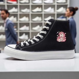 1pc High-Top Canvas Sneakers - Black with White Laces, Floral Pattern, Casual & Sporty Style, All-Season Wear, Lace-Up Closure, Rubber Sole, EVA Insole, Perfect for Hiking, Running & Everyday Use, Casual Footwear | Floral Pattern Sneakers | Durable Footwear