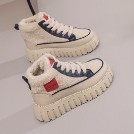 Women'S Winter Boots - High-Top Snow Boots with Thick Platform Sole, Beige/White/Red Accent - Cushioned EVA Outsole for Cold Weather, Slip-Resistant Traction - Warm Ankle Boots for Everyday & Formal Outfits - Easy-Clean Synthetic Cover Upper, Winter Shoes, Seasonal Footwear, Stylish Footwear, Comfortable Lining, Fashionconscious Women
