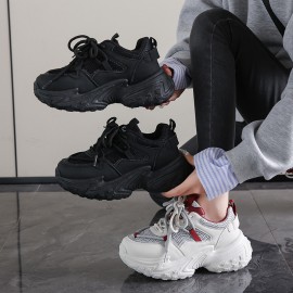 [Chunky Platform Sneakers] Women's Chunky Platform Sneakers - Slip-Resistant Non-Slip Sole, Thick Cushioned Shoes for Height Increase & Everyday Comfort - All-Season Casual Sneakers - Black -like Upper (FB9912) - Ideal for Running, Gym, Office, Casual Attire, Ladies Sneakers, Gym Footwear, Modern Design, Comfortable Fit, Urban Style