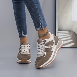 Brown/Beige/Grey/White Women's Lightweight All-Weather Stability Arch Sneaker - Synthetic Fierce Brown/Tan/Grey/Grey-White Traction Tread - Neutral Cushioned PVC Sole - All-Terrain Tread - Lace-Up & Slip-Resistant Outdoor/Running Shoes - All-Season Wear - Synthetic Upper & Arch - Suitable for Hiking, Jogging, Gym - Stability & Comfort Shoes