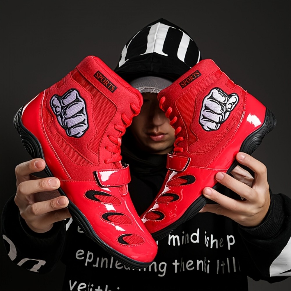 [Boxing Shoes] Breathable High-Top Boxing Training Shoes | Non-Slip Rubber Sole, Lace-Up Sports Boots for Gym & Martial Arts - Black with Red Accents