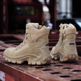 Men's All-Season Heavy-Duty Outdoor Hiking Boots with Thick Sole, Rugged Traction Tread & Muck-Resistant Design - Beige/Tan Mid-Calf Trekking Boots for Camping, Hunting,, (Adjustable, All-Terrain)