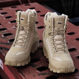 Men's All-Season Heavy-Duty Outdoor Hiking Boots with Thick Sole, Rugged Traction Tread & Muck-Resistant Design - Beige/Tan Mid-Calf Trekking Boots for Camping, Hunting,, (Adjustable, All-Terrain)