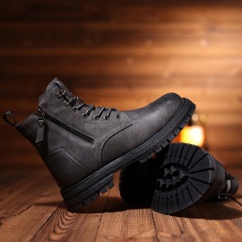 Men's Vintage Work Boots - Upper & Rubber Sole High-Top Ankle Boots with Cushioned Insole, All-Terrain Traction - Brown/Black/Black Toe - All-Season Casual & Formal Boots for Construction, Farm, Casual Attire - Lace-Up Design with PU Lining & Durable Rubber Outsole -  Style for Daily Outings & Outdoor Activities - Versatile & Comfortable for Men, Boots For Men, Shoes For Men