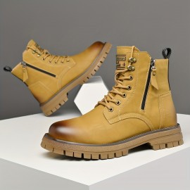 Men's Vintage Work Boots - Upper & Rubber Sole High-Top Ankle Boots with Cushioned Insole, All-Terrain Traction - Brown/Black/Black Toe - All-Season Casual & Formal Boots for Construction, Farm, Casual Attire - Lace-Up Design with PU Lining & Durable Rubber Outsole -  Style for Daily Outings & Outdoor Activities - Versatile & Comfortable for Men, Boots For Men, Shoes For Men