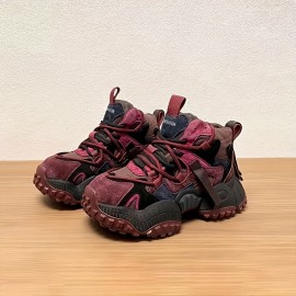 Men's Retro Color Block Running Shoes - Breathable, Non-Slip Athletic Sneakers with Rugged Tread for Hiking, Casual & Outdoor Wear - Purple, Gray & Brown Design, Versatile Running Shoes | Street Style Shoes | Robust PVC Sole