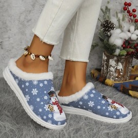 Women's Thickened Plush Slip-On Slippers with Arch Support & Non-Slip Sole - All-Season Indoor House Shoes, Soft EVA & Plush Lining, Winter Warmth, Cushioned Comfort, Blue & White Snowflake & Snowman Design with Heart & Snowflake Patterns - Elegant Winter Home Footwear, Durable PU Sole, Cozy House Shoes for Women, Ideal Christmas Gift (Blue/White/Red) - Slip-Resistant & Arch Support