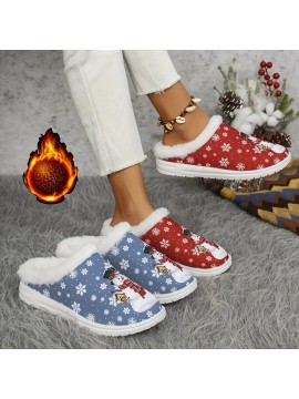 Women's Thickened Plush Slip-On Slippers with Arch Support & Non-Slip Sole - All-Season Indoor House Shoes, Soft EVA & Plush Lining, Winter Warmth, Cushioned Comfort, Blue & White Snowflake & Snowman Design with Heart & Snowflake Patterns - Elegant Winter Home Footwear, Durable PU Sole, Cozy House Shoes for Women, Ideal Christmas Gift (Blue/White/Red) - Slip-Resistant & Arch Support
