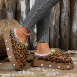 [Leopard House Slippers] Women's Cozy Fleece Slippers | Warm Winter Boots with Thick Rubber Sole, Soft Fabric Lining, Colorful Accents | Stylish Slipon Boots for Home or Outdoor