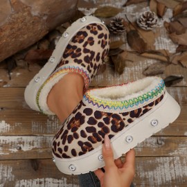 [Leopard House Slippers] Women's Cozy Fleece Slippers | Warm Winter Boots with Thick Rubber Sole, Soft Fabric Lining, Colorful Accents | Stylish Slipon Boots for Home or Outdoor