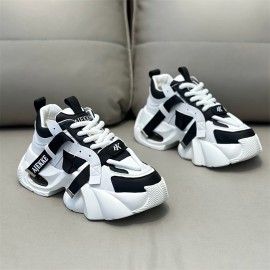 Men'S Stylish Black & White Chunky Platform Sneakers with Lace-Up Closure, Thick Cushioned Sole, and Bold 