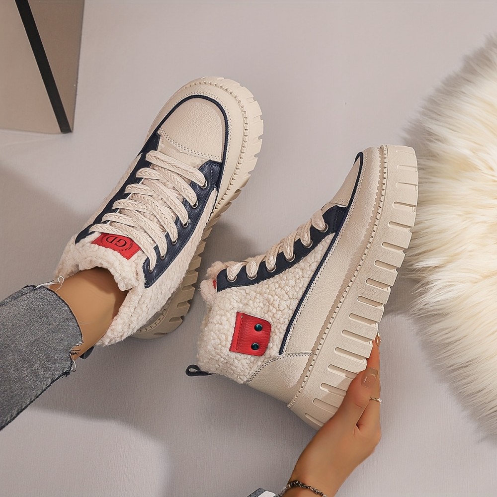 Women'S Winter Boots - High-Top Snow Boots with Thick Platform Sole, Beige/White/Red Accent - Cushioned EVA Outsole for Cold Weather, Slip-Resistant Traction - Warm Ankle Boots for Everyday & Formal Outfits - Easy-Clean Synthetic Cover Upper, Winter Shoes, Seasonal Footwear, Stylish Footwear, Comfortable Lining, Fashionconscious Women