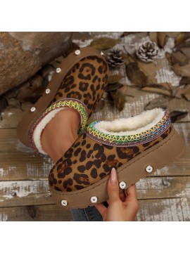 [Leopard House Slippers] Women's Cozy Fleece Slippers | Warm Winter Boots with Thick Rubber Sole, Soft Fabric Lining, Colorful Accents | Stylish Slipon Boots for Home or Outdoor