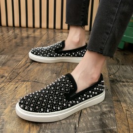 Men's Slip-On Rhinestone-Embellished Casual Shoes - Black & White Sparkle Low-Top Sneakers, Durable for Casual Attire & Parties