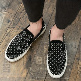 Men's Slip-On Rhinestone-Embellished Casual Shoes - Black & White Sparkle Low-Top Sneakers, Durable for Casual Attire & Parties