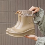 Women'S Chunky Platform Rain Boots with Adjustable Straps - Slip-Resistant PVC Sole, Beige Mid-Calf Outdoor Boots for Rainy Days, Casual & Commuting, Round Toe Design with EVA Cushioned Insole, Rain Gear, Rainy Day Footwear, Minimalist Boot Design, Fabric Lined Interior, Commuting Footwear, Stylish Rainwear, Durable Construction, Slipresistant Footwear, Commuters Rainwear