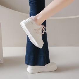 Women's White Sneakers Korean Style Chunky Round-Toe with Pastel Blue Laces & Heart Charm - Upper, Cushioned Insole, All-Season Casual Sports Shoes for School, Streetwear, Everyday Outfits - N8001 Model