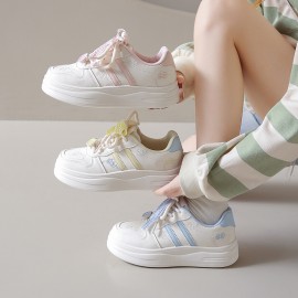 Women's White Sneakers Korean Style Chunky Round-Toe with Pastel Blue Laces & Heart Charm - Upper, Cushioned Insole, All-Season Casual Sports Shoes for School, Streetwear, Everyday Outfits - N8001 Model