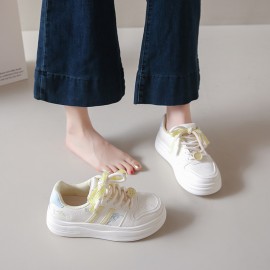 Women's White Sneakers Korean Style Chunky Round-Toe with Pastel Blue Laces & Heart Charm - Upper, Cushioned Insole, All-Season Casual Sports Shoes for School, Streetwear, Everyday Outfits - N8001 Model