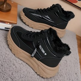 Women's Chunky Platform High-Top Winter Boots - Thick-Sole Lift, Warm Faux & PVC Traction Tread, Round Toe All-Terrain Shoes for, Snow, Casual Wear - Brown/Black (Easy-Clean Fabric)