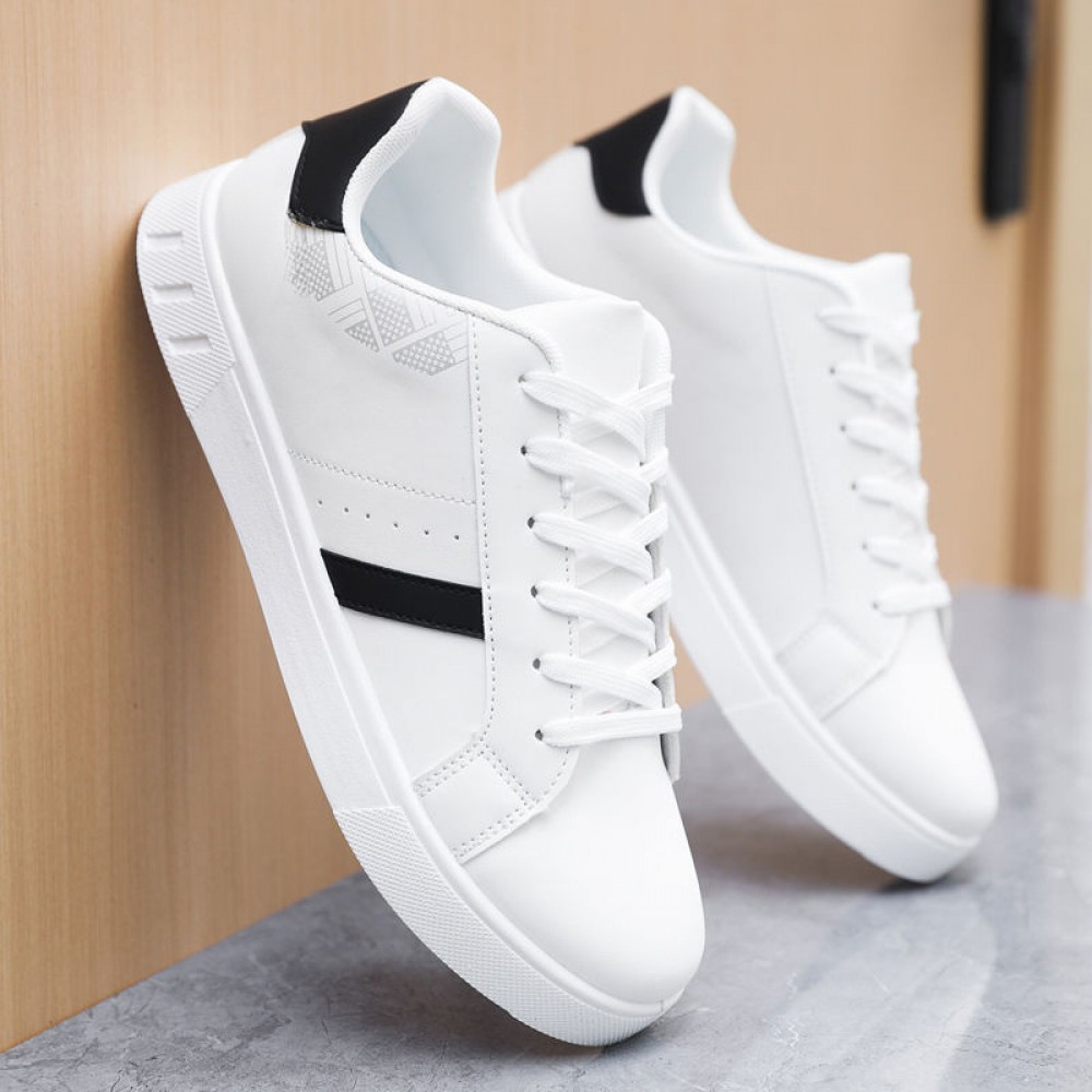 Men's Low-Top Sneakers - Minimalist White Casual Shoes, Non-Marking Cushioned PU/Rubber Sole for Gym, Everyday & Formal Wear - Breathable Sneakers Compatible with Men's Clothing, Geometric Pattern Design, Durable Traction Footwear