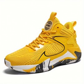 Vibrant Yellow Breathable Mesh Men's High-Top Basketball Shoes - Non-Slip EVA Sole, Durable for Training & Sports, Lace-Up, All-Season Athletic Footwear, Basketball Accessories