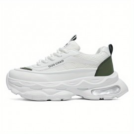 Men's Sneakers - White/Green Accents, Breathable Running Shoes with Thick Cushioned Sole, PU/Rubber Outsole for Gym, Jogging, Everyday - Low-Top Design for Secure fit & All-Day Comfort, Gym Footwear, Geometric Pattern, Supportive Insole, Lightweight Sneakers, Fitness Enthusiasts