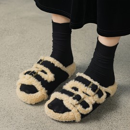 Women'S Plush Fleece Slippers with Adjustable Straps - Soft Indoor House Shoes, Non-Slip Rubber Sole, Cozy Warm Winter Footwear for Home & Office, Black & White Design, Cute Slippers, Indoor Footwear, Stylish Slipon, Durable Traction Footwear, Home Comfort, Minimalist Design, Comfortable Lining, Comfort Seekers