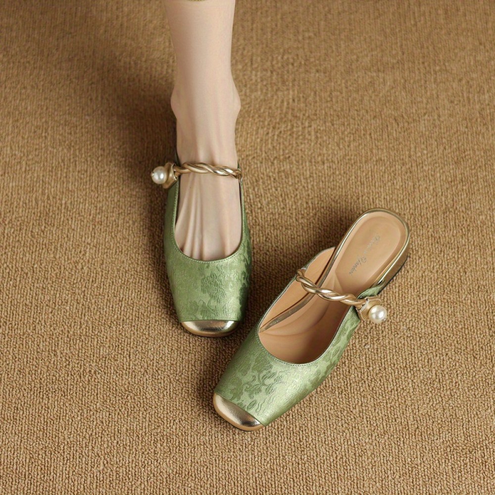 Women's Elegant EVA Mules Slippers - Solid Green Round-Toe Closed-Toe Half Slippers with Golden Buckle & Accent, Medium Thick Cushioned Insole, All-Season Indoor/Outdoor Shoes for Casual & Formal Events (Hand Washable) - Comfortable & Durable EVA Material, Versatile for Everyday or Formal Wear, Available in Green & More Colors, Ideal for Women's Fashion Footwear