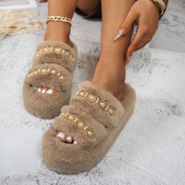 [Plush Slippers] Comfortable Women's Plush Slippers with Thick Sole | Black Faux Fur Slip-Ons, Golden Chain Detail, All-Season Indoor/Outdoor Use, Casual Style, Decorative Chain Detail, House Slippers