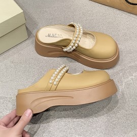 Women'S Summer Platform Closed-Toe Slip-On Shoes, Stylish New Design with Pearl Details, Perfect for Outings.