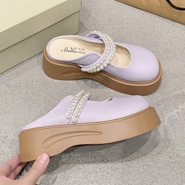 Women'S Summer Platform Closed-Toe Slip-On Shoes, Stylish New Design with Pearl Details, Perfect for Outings.