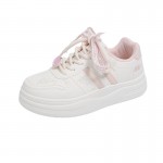 Women's White Sneakers Korean Style Chunky Round-Toe with Pastel Blue Laces & Heart Charm - Upper, Cushioned Insole, All-Season Casual Sports Shoes for School, Streetwear, Everyday Outfits - N8001 Model